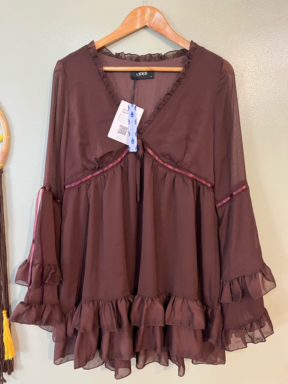Sheer Ruffle V-Neck Mini Dress in Chocolate Brown By Cider Baby Doll M NWT - Picture 2 of 12